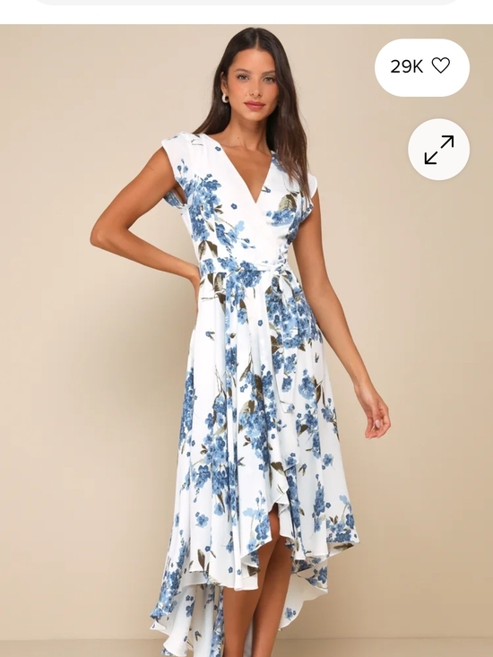 Lulus Dresses & Skirts - Lulu's White & Blue Floral Wrap Hi-Low Dress